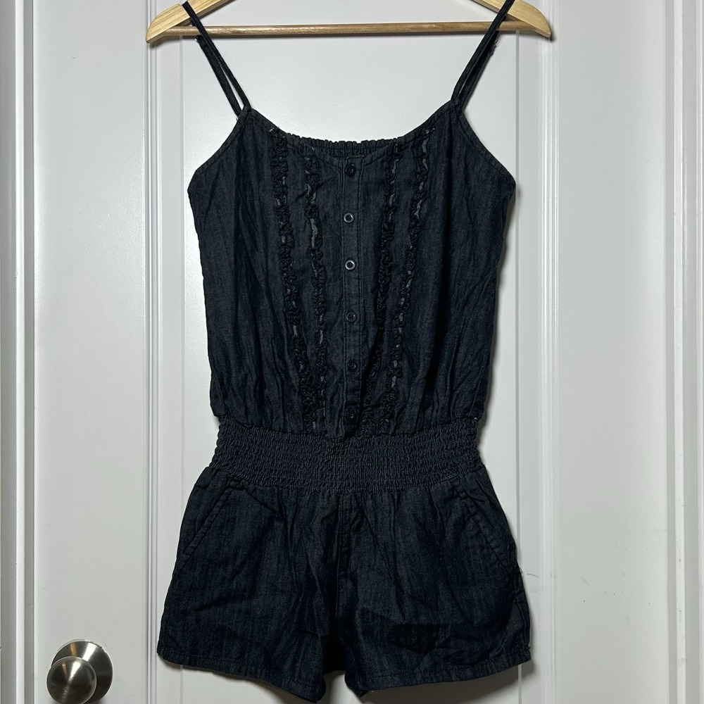 Mudd Dark Wash Chambray Ruffle Trim Spaghetti‎ Strap Romper Y2K Boho Chic Style